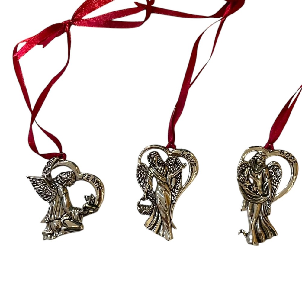 Gorham Christmas Tree Ornaments Lot Set 3 Silver Plate Hope Peace Love‎ Angels